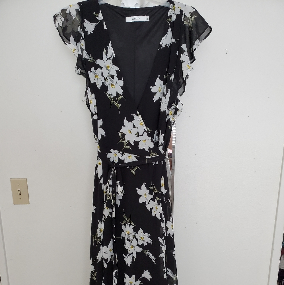 Just Fab black and floral wrap dress